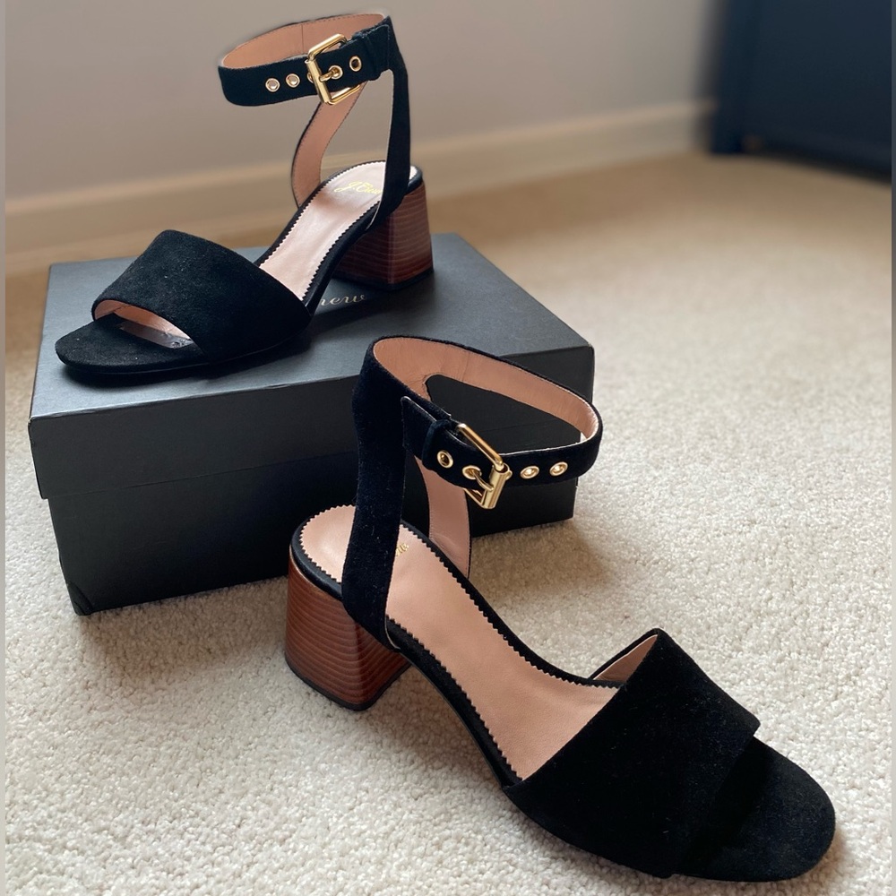 J. Crew Black Suede Block Heel Sandals with Gold Buckle Detail
